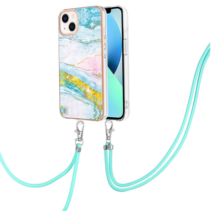 Electroplating Marble Pattern IMD TPU Shockproof Case with Neck Lanyard For iPhone 13 mini(Green 004)-garmade.com