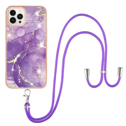 Electroplating Marble Pattern IMD TPU Shockproof Case with Neck Lanyard For iPhone 13 Pro(Purple 002)-garmade.com