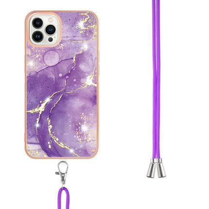 Electroplating Marble Pattern IMD TPU Shockproof Case with Neck Lanyard For iPhone 13 Pro(Purple 002)-garmade.com