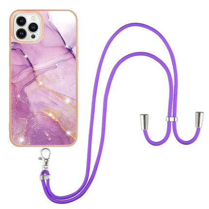 Electroplating Marble Pattern IMD TPU Shockproof Case with Neck Lanyard For iPhone 13 Pro(Purple 001)-garmade.com