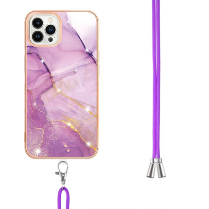 Electroplating Marble Pattern IMD TPU Shockproof Case with Neck Lanyard For iPhone 13 Pro(Purple 001)-garmade.com