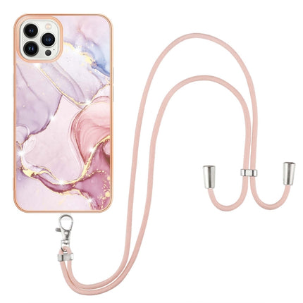 Electroplating Marble Pattern IMD TPU Shockproof Case with Neck Lanyard For iPhone 13 Pro(Rose Gold 005)-garmade.com