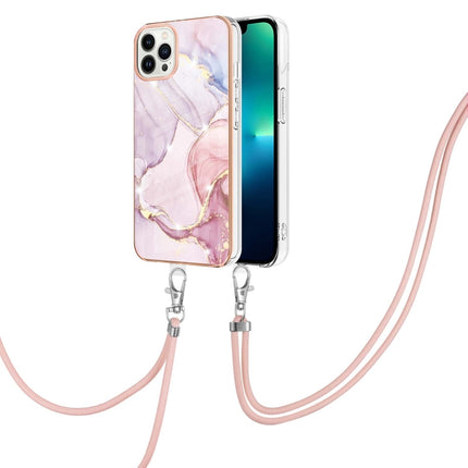 Electroplating Marble Pattern IMD TPU Shockproof Case with Neck Lanyard For iPhone 13 Pro(Rose Gold 005)-garmade.com