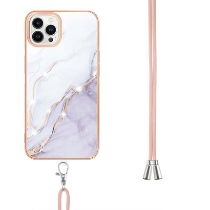 Electroplating Marble Pattern IMD TPU Shockproof Case with Neck Lanyard For iPhone 13 Pro(White 006)-garmade.com