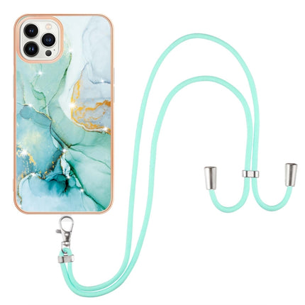 Electroplating Marble Pattern IMD TPU Shockproof Case with Neck Lanyard For iPhone 13 Pro(Green 003)-garmade.com