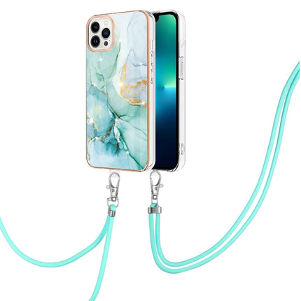 Electroplating Marble Pattern IMD TPU Shockproof Case with Neck Lanyard For iPhone 13 Pro(Green 003)-garmade.com