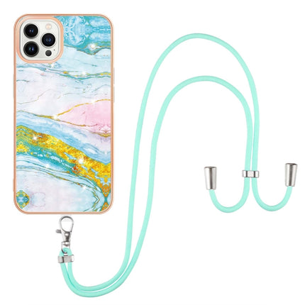 Electroplating Marble Pattern IMD TPU Shockproof Case with Neck Lanyard For iPhone 13 Pro(Green 004)-garmade.com