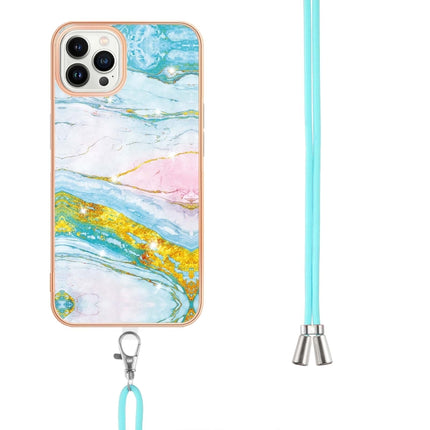 Electroplating Marble Pattern IMD TPU Shockproof Case with Neck Lanyard For iPhone 13 Pro(Green 004)-garmade.com
