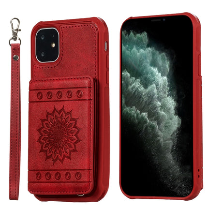 For iPhone 11 Sunflower Embossing Pattern PU + TPU Case with Holder & Card Slots & Photo Frame & Lanyard(Red)-garmade.com