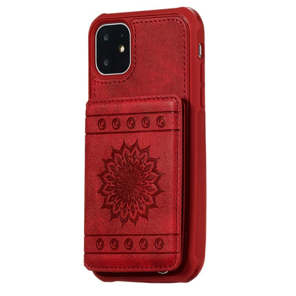 For iPhone 11 Sunflower Embossing Pattern PU + TPU Case with Holder & Card Slots & Photo Frame & Lanyard(Red)-garmade.com