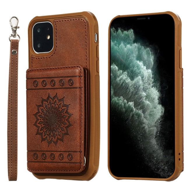 For iPhone 11 Sunflower Embossing Pattern PU + TPU Case with Holder & Card Slots & Photo Frame & Lanyard(Coffee)-garmade.com
