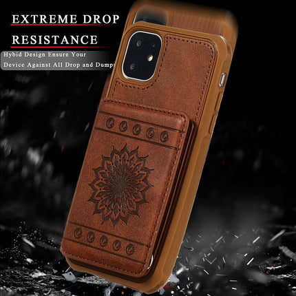 For iPhone 11 Sunflower Embossing Pattern PU + TPU Case with Holder & Card Slots & Photo Frame & Lanyard(Coffee)-garmade.com