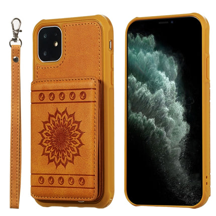 For iPhone 11 Sunflower Embossing Pattern PU + TPU Case with Holder & Card Slots & Photo Frame & Lanyard(Brown)-garmade.com