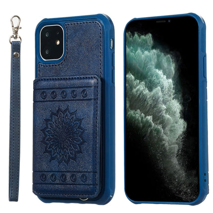 For iPhone 11 Sunflower Embossing Pattern PU + TPU Case with Holder & Card Slots & Photo Frame & Lanyard(Blue)-garmade.com