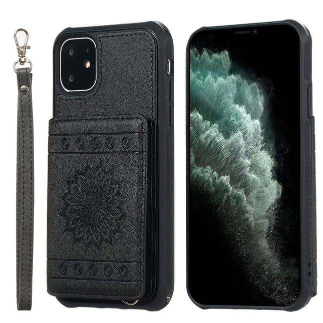 For iPhone 11 Sunflower Embossing Pattern PU + TPU Case with Holder & Card Slots & Photo Frame & Lanyard(Black)-garmade.com