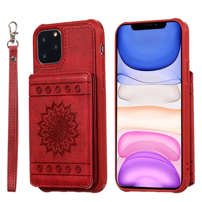 For iPhone 11 Pro Sunflower Embossing Pattern PU + TPU Case with Holder & Card Slots & Photo Frame & Lanyard(Red)-garmade.com