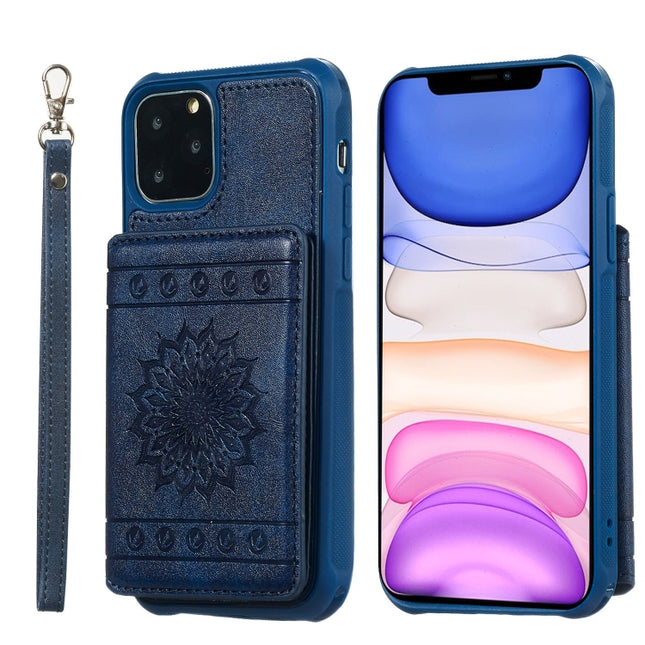For iPhone 11 Pro Sunflower Embossing Pattern PU + TPU Case with Holder & Card Slots & Photo Frame & Lanyard(Blue)-garmade.com