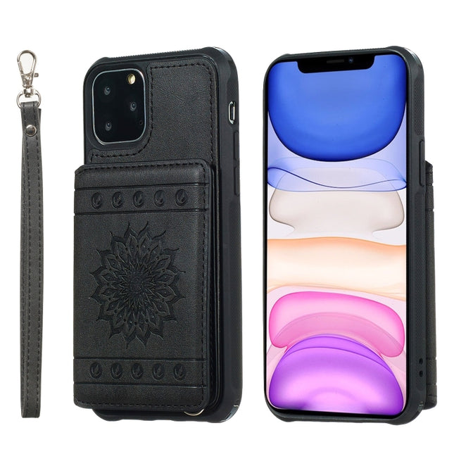 For iPhone 11 Pro Sunflower Embossing Pattern PU + TPU Case with Holder & Card Slots & Photo Frame & Lanyard(Black)-garmade.com