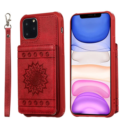 For iPhone 11 Pro Max Sunflower Embossing Pattern PU + TPU Case with Holder & Card Slots & Photo Frame & Lanyard(Red)-garmade.com