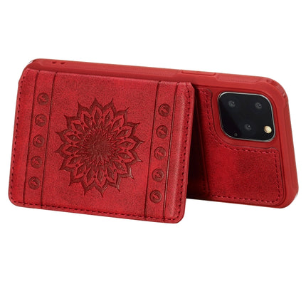 For iPhone 11 Pro Max Sunflower Embossing Pattern PU + TPU Case with Holder & Card Slots & Photo Frame & Lanyard(Red)-garmade.com