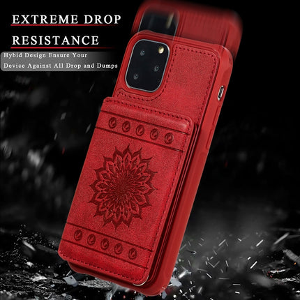 For iPhone 11 Pro Max Sunflower Embossing Pattern PU + TPU Case with Holder & Card Slots & Photo Frame & Lanyard(Red)-garmade.com