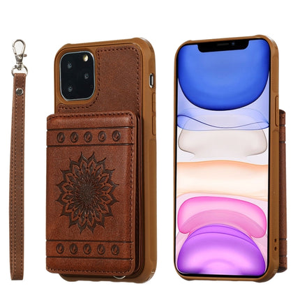 For iPhone 11 Pro Max Sunflower Embossing Pattern PU + TPU Case with Holder & Card Slots & Photo Frame & Lanyard(Coffee)-garmade.com