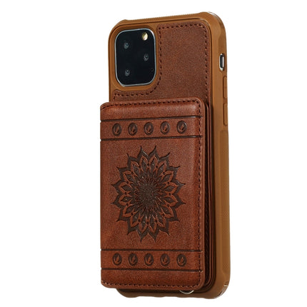 For iPhone 11 Pro Max Sunflower Embossing Pattern PU + TPU Case with Holder & Card Slots & Photo Frame & Lanyard(Coffee)-garmade.com