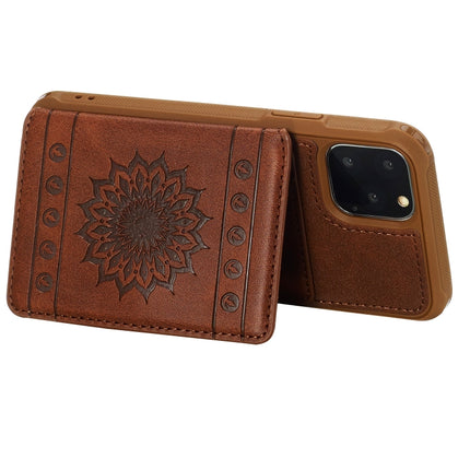 For iPhone 11 Pro Max Sunflower Embossing Pattern PU + TPU Case with Holder & Card Slots & Photo Frame & Lanyard(Coffee)-garmade.com