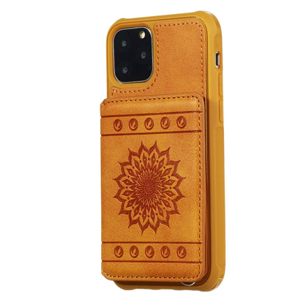 For iPhone 11 Pro Max Sunflower Embossing Pattern PU + TPU Case with Holder & Card Slots & Photo Frame & Lanyard(Brown)-garmade.com