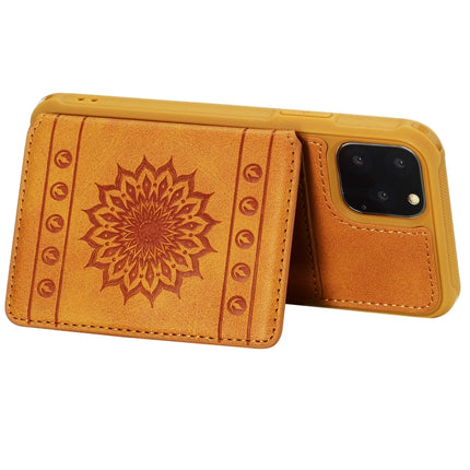 For iPhone 11 Pro Max Sunflower Embossing Pattern PU + TPU Case with Holder & Card Slots & Photo Frame & Lanyard(Brown)-garmade.com