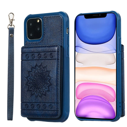 For iPhone 11 Pro Max Sunflower Embossing Pattern PU + TPU Case with Holder & Card Slots & Photo Frame & Lanyard(Blue)-garmade.com