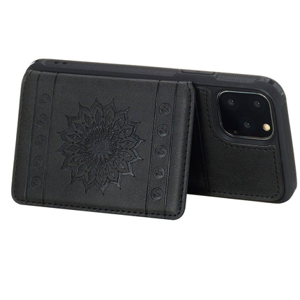 For iPhone 11 Pro Max Sunflower Embossing Pattern PU + TPU Case with Holder & Card Slots & Photo Frame & Lanyard(Black)-garmade.com