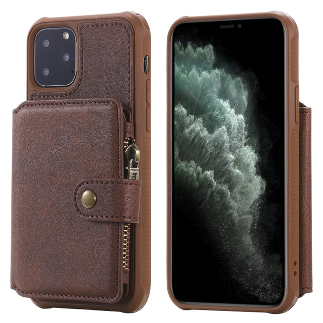 For iPhone 11 Pro Buckle Zipper Shockproof Protective Case with Holder & Card Slots & Wallet & Lanyard & Photos Frames(Coffee)-garmade.com