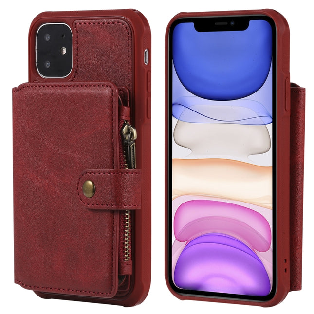 For iPhone 11 Buckle Zipper Shockproof Protective Case with Holder & Card Slots & Wallet & Lanyard & Photos Frames(Red)-garmade.com