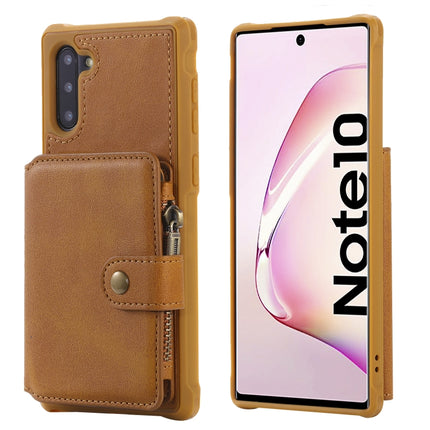 For Galaxy Note 10 Buckle Zipper Shockproof Protective Case with Holder & Card Slots & Wallet & Lanyard & Photos Frames(Brown)-garmade.com