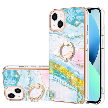 Electroplating Marble Pattern IMD TPU Shockproof Case with Ring Holder For iPhone 13 mini(Green 004)-garmade.com