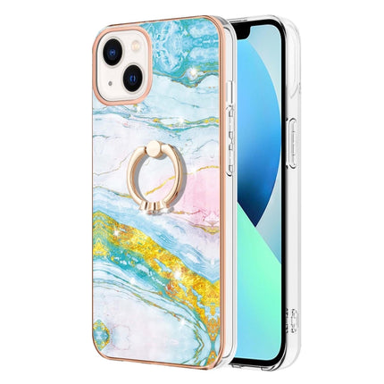 Electroplating Marble Pattern IMD TPU Shockproof Case with Ring Holder For iPhone 13 mini(Green 004)-garmade.com