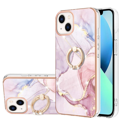 Electroplating Marble Pattern IMD TPU Shockproof Case with Ring Holder For iPhone 13 mini(Rose Gold 005)-garmade.com