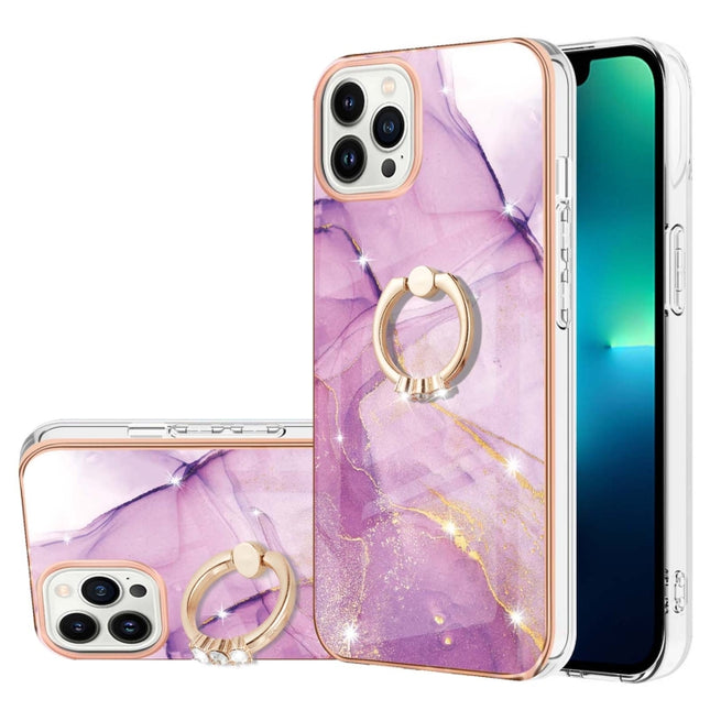 Electroplating Marble Pattern IMD TPU Shockproof Case with Ring Holder For iPhone 13 Pro(Purple 001)-garmade.com