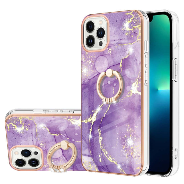 Electroplating Marble Pattern IMD TPU Shockproof Case with Ring Holder For iPhone 13 Pro(Purple 002)-garmade.com