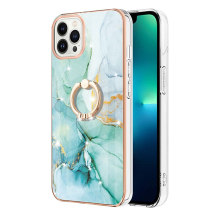 Electroplating Marble Pattern IMD TPU Shockproof Case with Ring Holder For iPhone 13 Pro( Green 003)-garmade.com