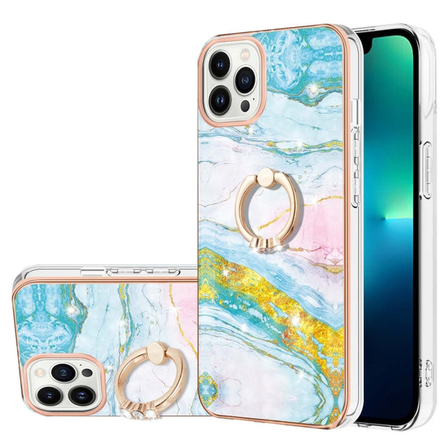 Electroplating Marble Pattern IMD TPU Shockproof Case with Ring Holder For iPhone 13 Pro(Green 004)-garmade.com