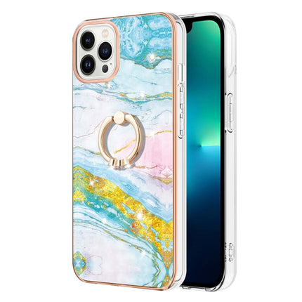 Electroplating Marble Pattern IMD TPU Shockproof Case with Ring Holder For iPhone 13 Pro(Green 004)-garmade.com