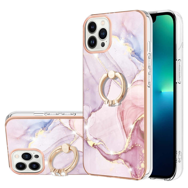Electroplating Marble Pattern IMD TPU Shockproof Case with Ring Holder For iPhone 13 Pro(Rose Gold 005)-garmade.com