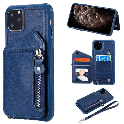 For iPhone 11 Pro Max Dual Buckles Zipper Shockproof Back Cover Protective Case with Holder & Card Slots & Wallet & Lanyard & Photos Frames(Blue)-garmade.com