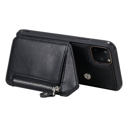 For iPhone 11 Pro Max Dual Buckles Zipper Shockproof Back Cover Protective Case with Holder & Card Slots & Wallet & Lanyard & Photos Frames(Black)-garmade.com