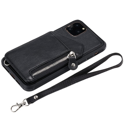 For iPhone 11 Pro Max Dual Buckles Zipper Shockproof Back Cover Protective Case with Holder & Card Slots & Wallet & Lanyard & Photos Frames(Black)-garmade.com
