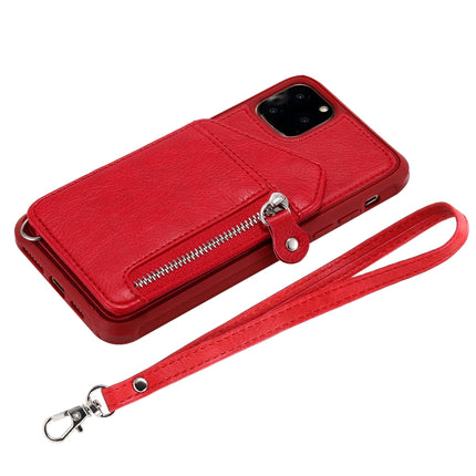 For iPhone 11 Pro Max Dual Buckles Zipper Shockproof Back Cover Protective Case with Holder & Card Slots & Wallet & Lanyard & Photos Frames(Red)-garmade.com