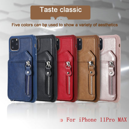 For iPhone 11 Pro Max Dual Buckles Zipper Shockproof Back Cover Protective Case with Holder & Card Slots & Wallet & Lanyard & Photos Frames(Red)-garmade.com