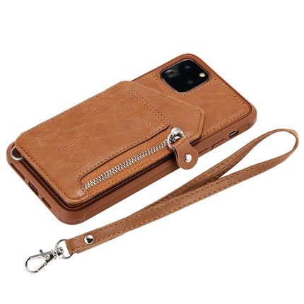 For iPhone 11 Pro Max Dual Buckles Zipper Shockproof Back Cover Protective Case with Holder & Card Slots & Wallet & Lanyard & Photos Frames(Coffee)-garmade.com